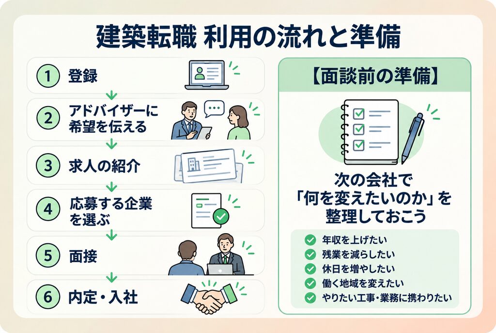 建築転職の登録から求人紹介・面接・内定入社までの利用の流れと面談前の準備