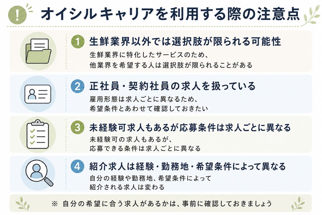 オイシルキャリアの対象業界や雇用形態、未経験求人などの注意点をまとめた図解