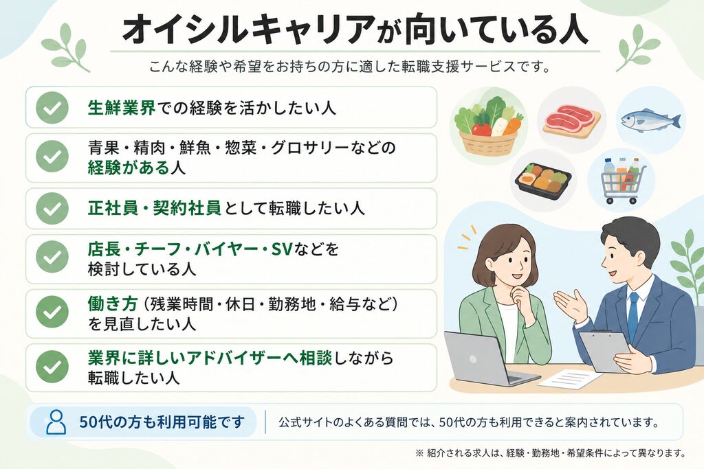 オイシルキャリアが向いている人と50代の利用についてまとめた図解