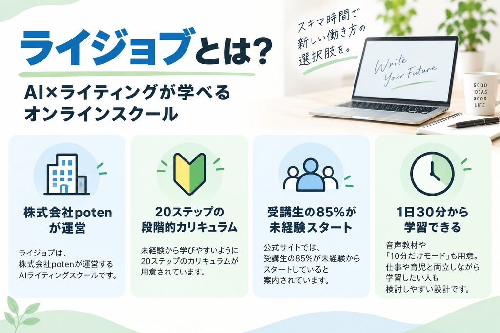 ライジョブの運営会社や20ステップのカリキュラム、未経験者向けの学習設計をまとめた図解