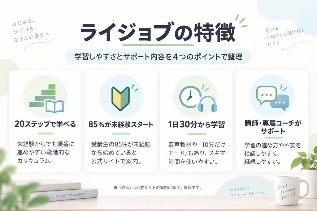 ライジョブの20ステップや未経験者向け設計、学習時間、サポート内容をまとめた図解