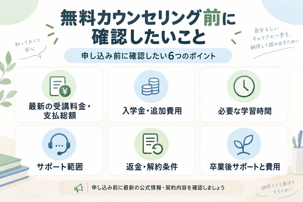 ライジョブの無料カウンセリング前に確認したい料金やサポートなど6項目の図解