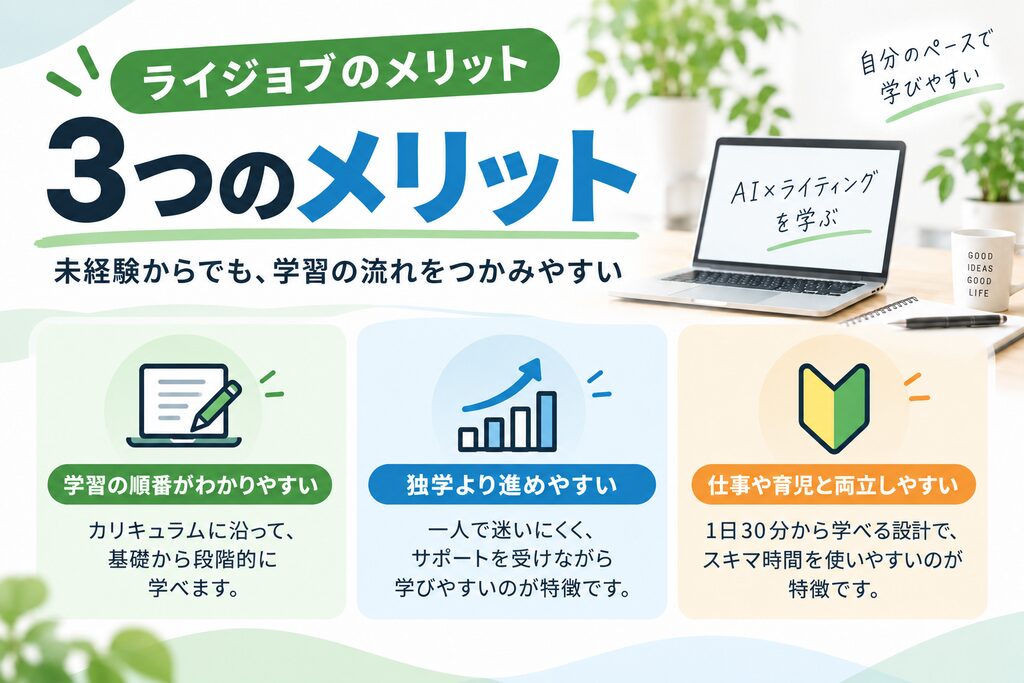 ライジョブの学習の進めやすさや仕事・育児と両立しやすい点をまとめた図解