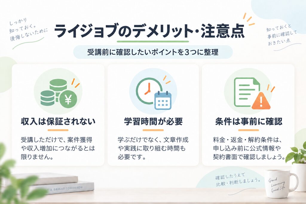 ライジョブ受講前に確認したい収入保証、学習時間、料金・返金・解約条件の注意点をまとめた