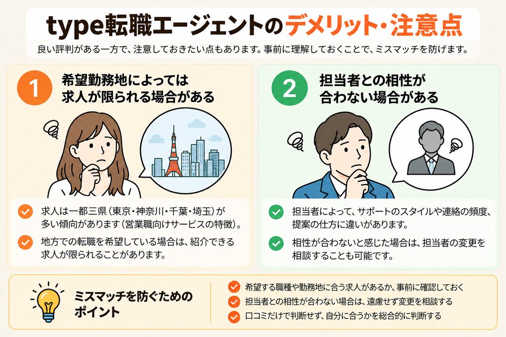 type転職エージェントの注意点を、求人紹介、希望勤務地、担当者との相性の3項目で整理した図