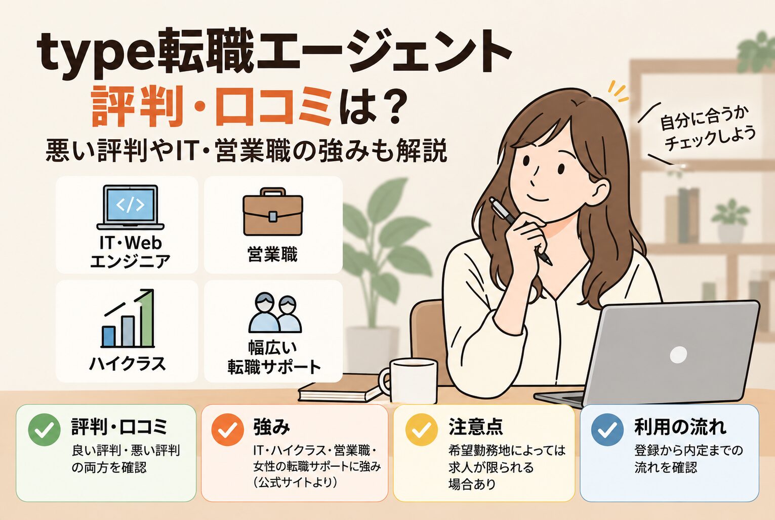 type転職エージェントの評判・口コミやIT・Web、営業職への強み、利用時の注意点を紹介するイラスト
