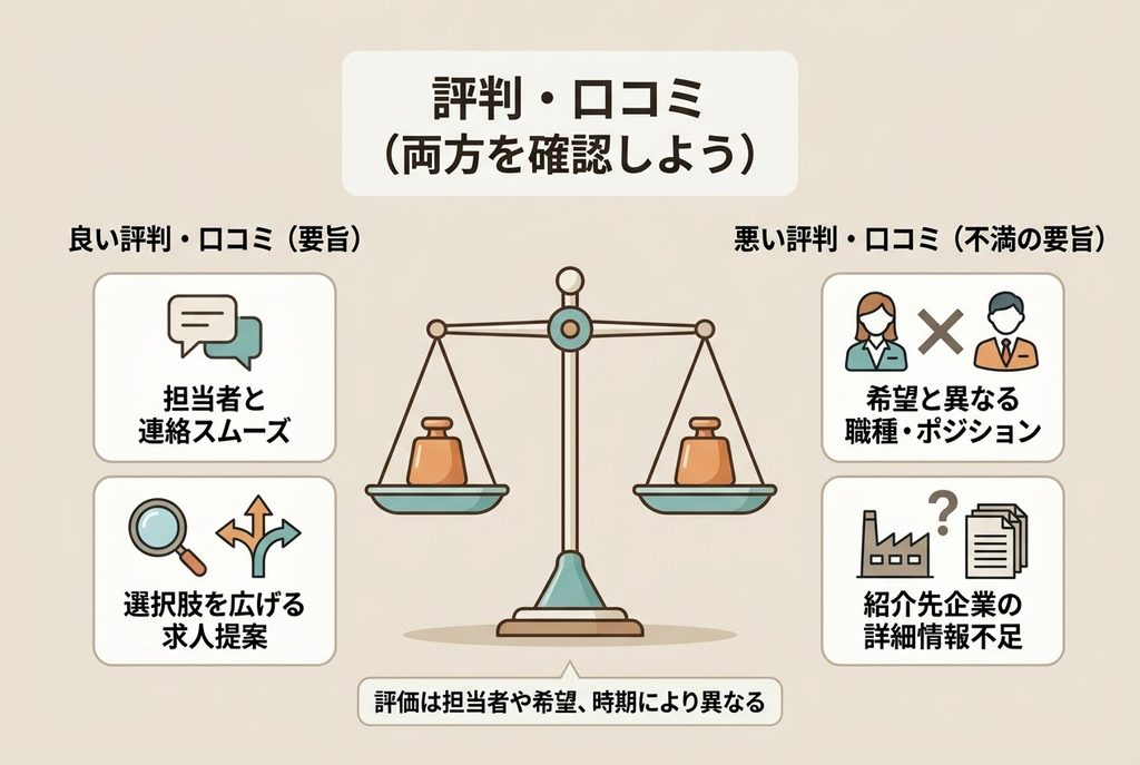type転職エージェントの良い口コミと悪い口コミを、求人提案や担当者対応の評価で比較した図