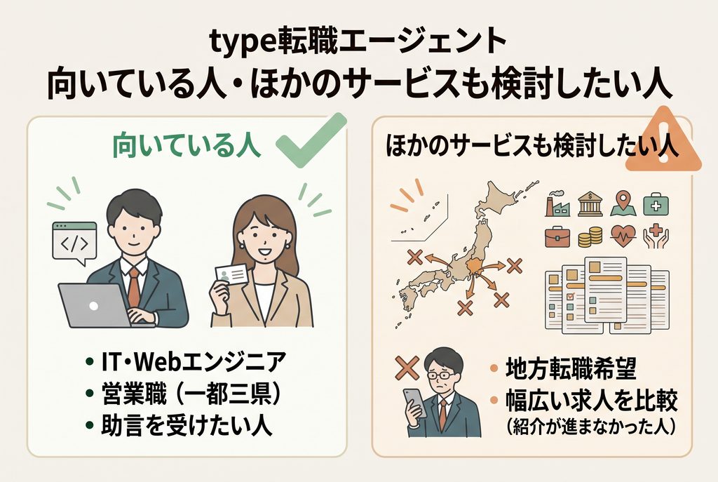 type転職エージェントが向いている人と、ほかの転職サービスも比較したい人の特徴を整理した図