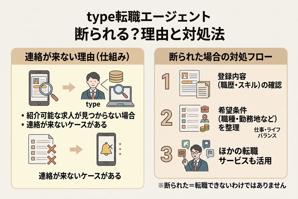 type転職エージェントで求人紹介が進まない仕組みと、職歴や希望条件の確認などの対処法を示した図