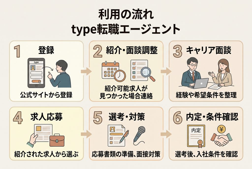 type転職エージェントの登録から面談、求人応募、選考対策、内定までの利用の流れを6段階で示した図