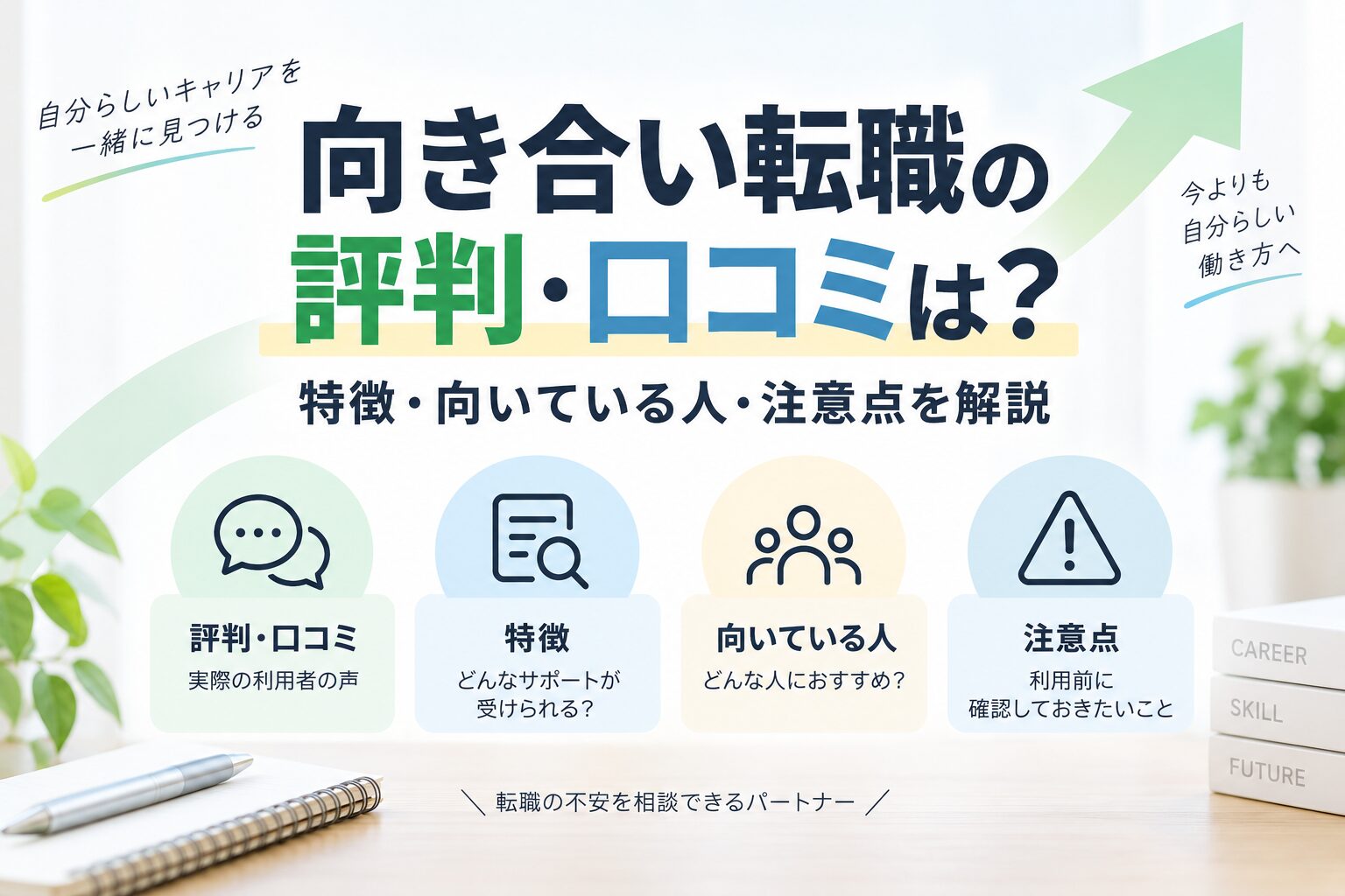 向き合い転職の評判・口コミ、特徴、向いている人、注意点を示したアイキャッチ