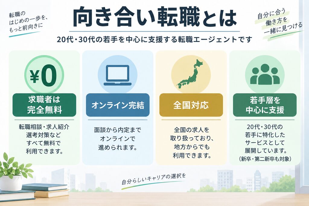 向き合い転職が求職者無料・オンライン完結・全国対応・若手中心であることをまとめた図解