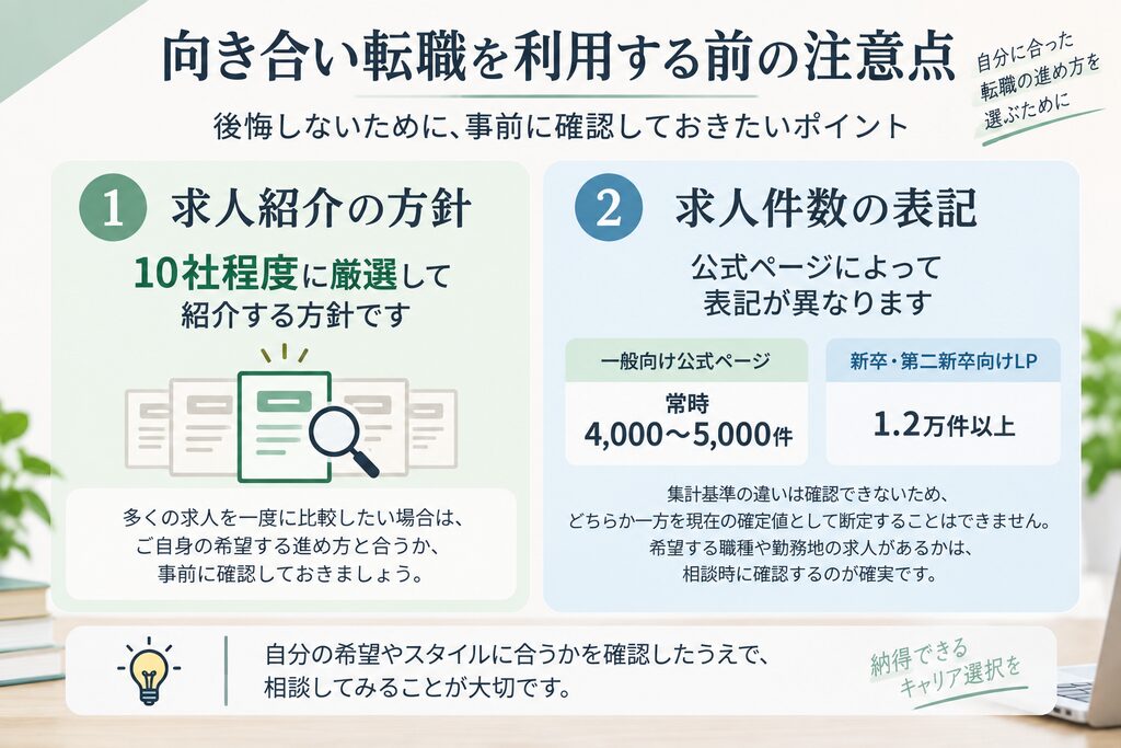 向き合い転職の求人紹介方針と公式ページごとの求人件数表記の違いを整理した図解