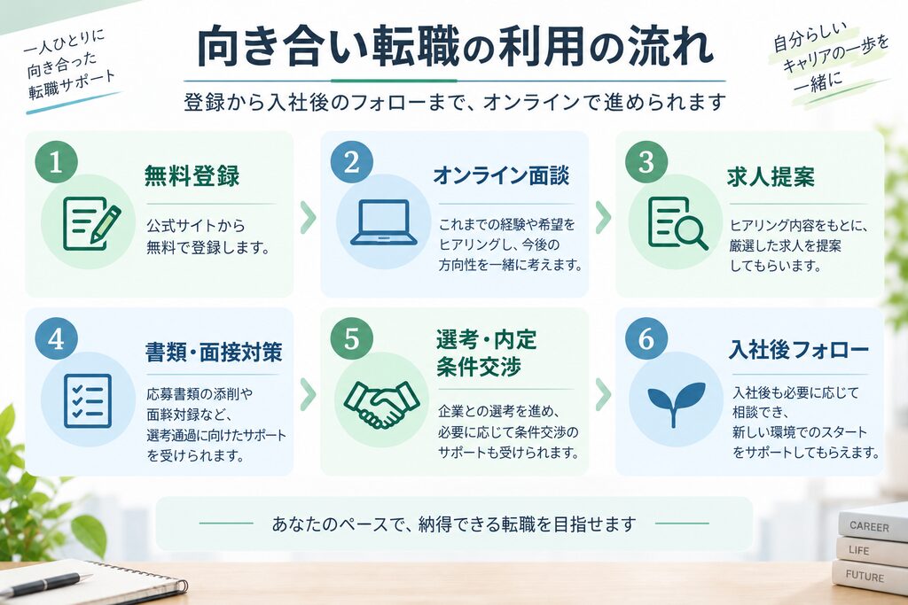 向き合い転職の無料登録から入社後フォローまでの利用の流れを示した図解