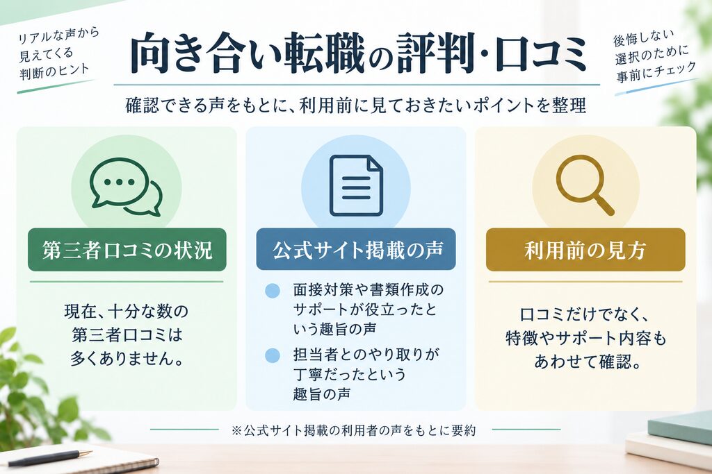 向き合い転職の第三者口コミの状況と公式サイト掲載の利用者の声を整理した図解