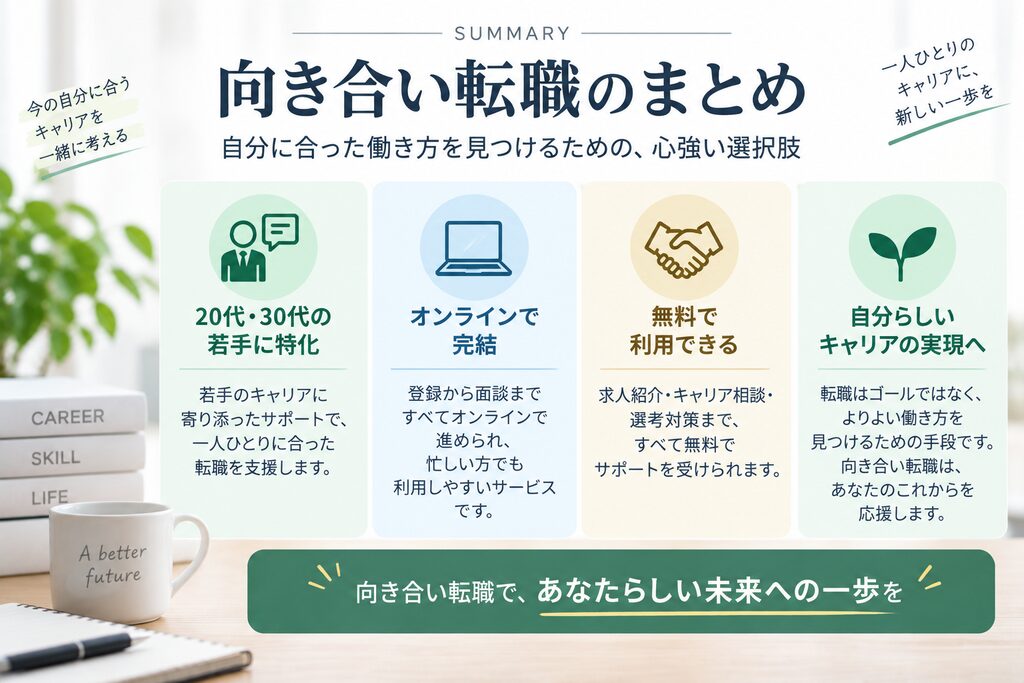 向き合い転職の若手支援・オンライン対応・無料利用などをまとめた図解