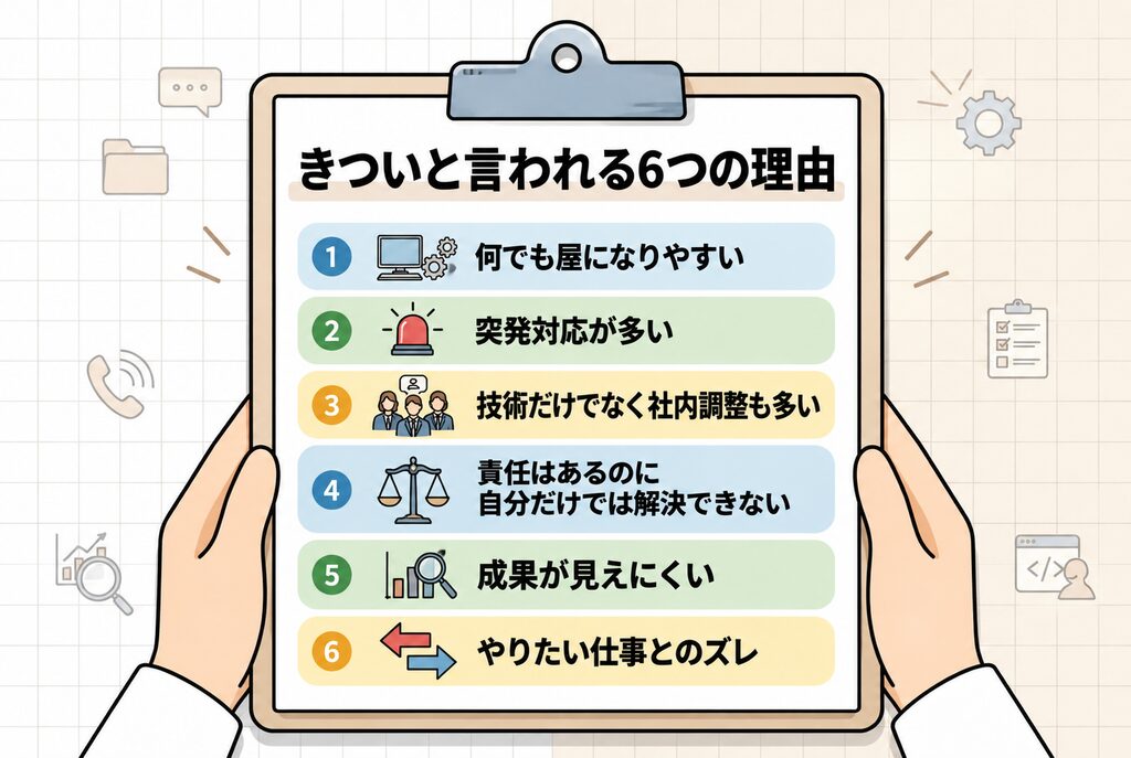 社内SEがきつい6つの理由を、何でも屋・突発対応・社内調整・責任・成果の見えにくさ・仕事のズレで整理した図