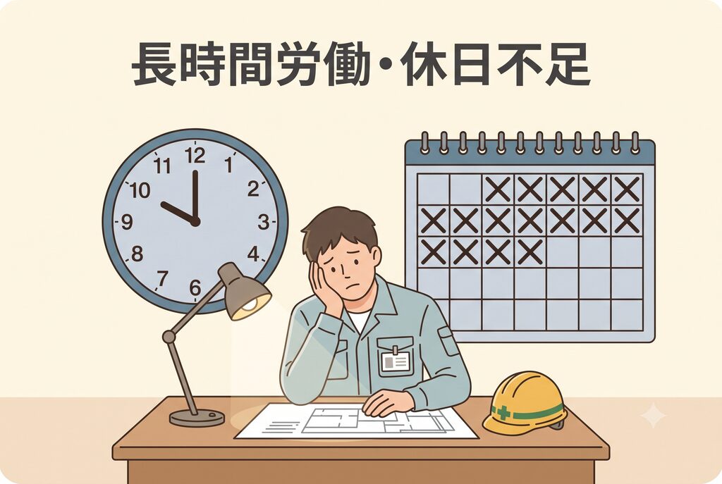 長時間労働や休日の少なさに負担を感じる施工管理者