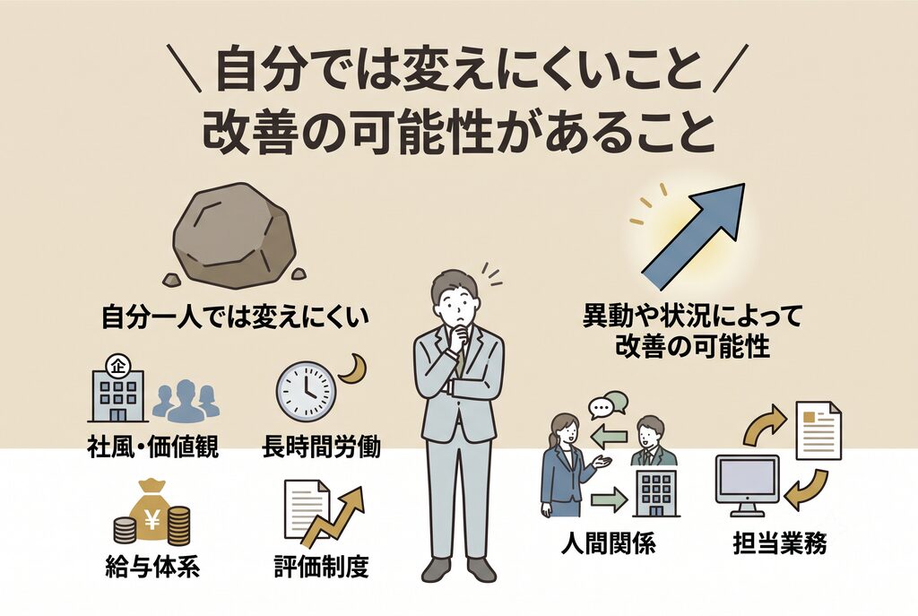 "判断基準の具体化(分類):会社内の要素を「自分では変えにくいこと」と「改善の可能性があること」に分類した画像。重い岩のアイコンと上向き矢印。清潔感のあるシンプルなフラットイラスト。"