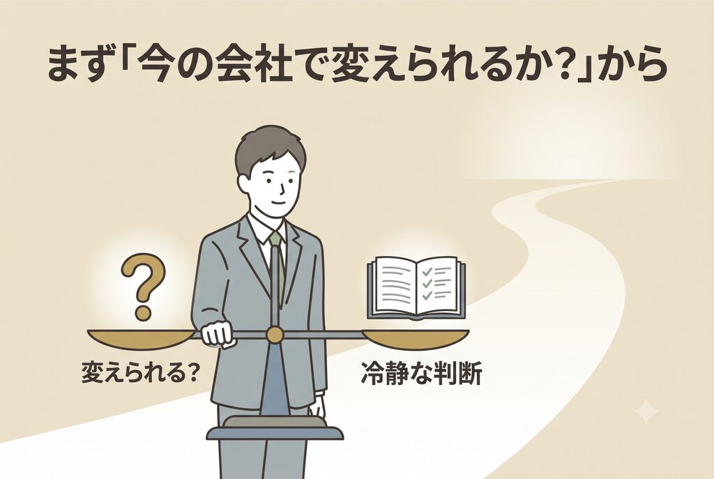 "結論の要約:清々しい表情の人物。「勇気より、冷静な判断」を象徴する天秤と「今の会社で変えられる?」という問いかけ。その先に前向きな未来。清潔感のあるシンプルなフラットイラスト。"