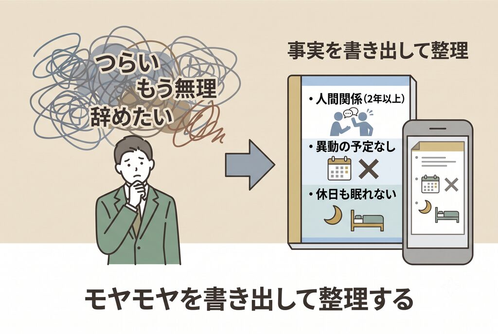 "感情を事実に翻訳:悩む人物。頭上の感情のモヤモヤ(「もう無理」「つらい」)が、ノートやスマホのメモに「2年以上同じ悩み」「異動の予定なし」と書き出され、整理されたリストになる様子。清潔感のあるシンプルなフラットイラスト。"