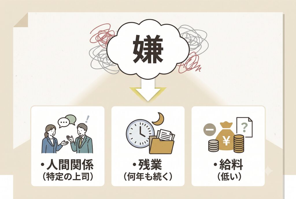 "感情の具体化:漠然とした「嫌」と書かれた塊から、具体的な原因のアイコン(「人間関係(つらい上司)」「残業(何年も続く)」「給料(低い)」)へ分解される様子。清潔感のあるシンプルなフラットイラスト。"