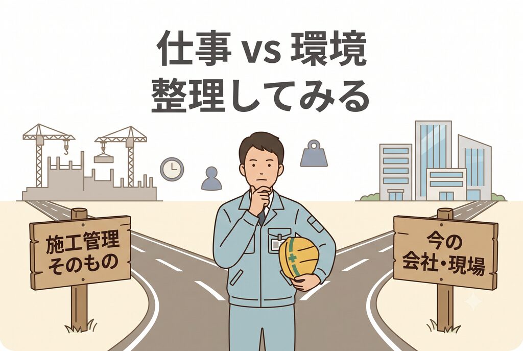 施工管理そのものと今の会社・現場のどちらがしんどいか整理するイメージ
