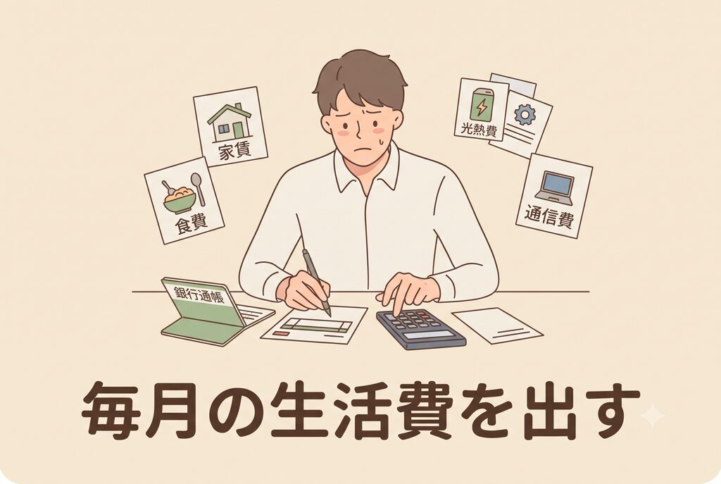 退職前に家賃や食費など毎月の生活費を計算するイメージ