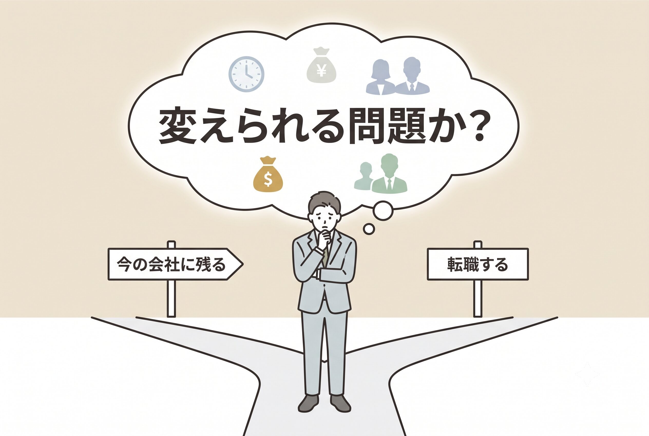 "転職するか迷ったときの判断基準：分岐点に立ち、「残る」か「転職」か悩む人物。頭上に記事の核心「変えられる問題か？」の問いかけ。清潔感のあるシンプルなフラットイラスト。"