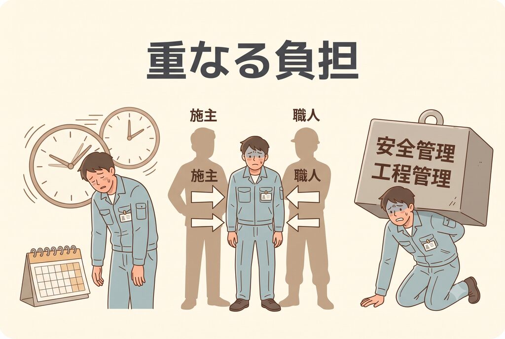 施工管理で重なりやすい時間・人間関係・責任などの負担