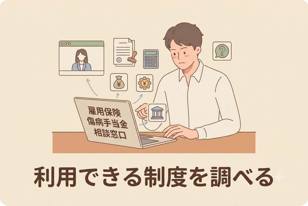 退職後に利用できる傷病手当金や雇用保険などの制度を調べるイメージ