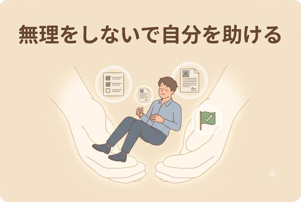 退職前に無理をせず自分を助けるための準備をするイメージ