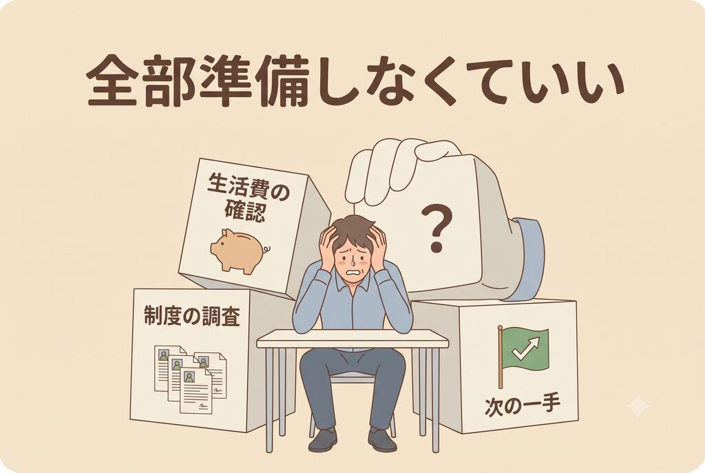 退職前にすべてを準備できず悩んでいる人のイメージ