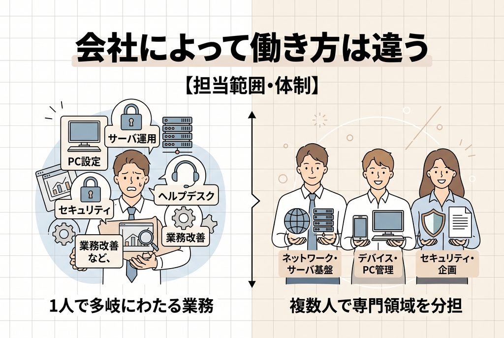 社内SEが一人で幅広い業務を担当する会社と、複数人で専門領域を分担する会社の違い