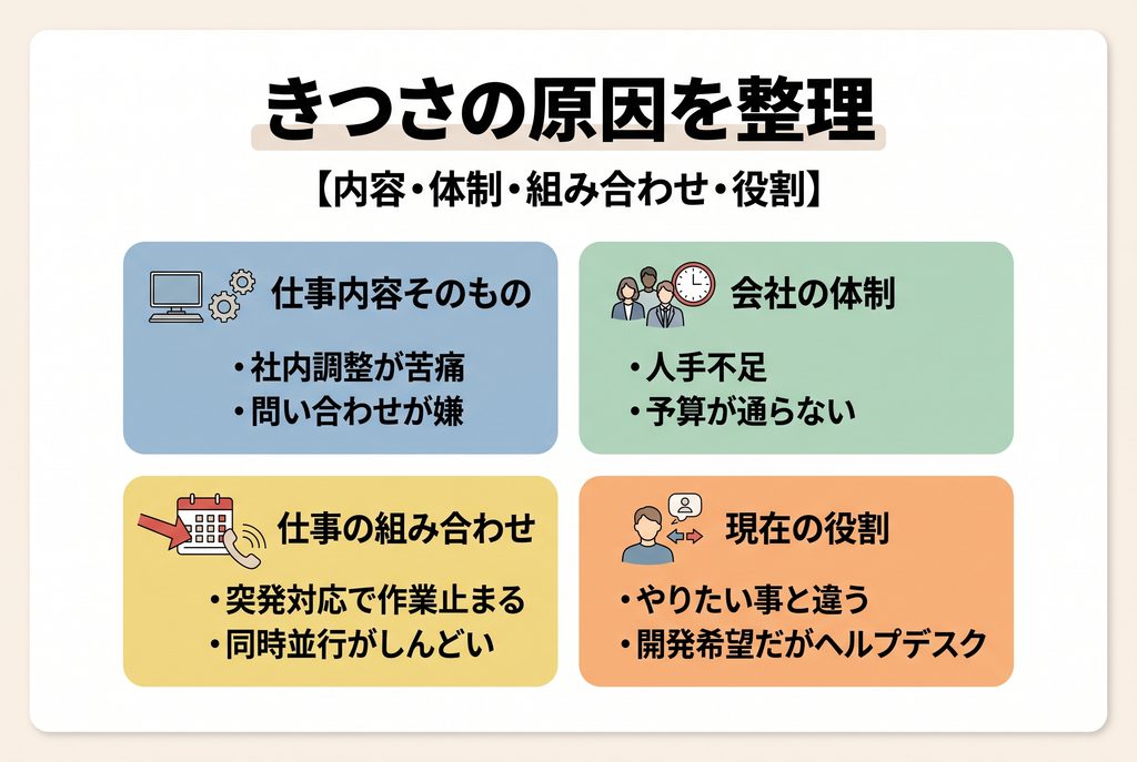 社内SEのきつさを、仕事内容・会社の体制・仕事の組み合わせ・現在の役割の4つに分けた図