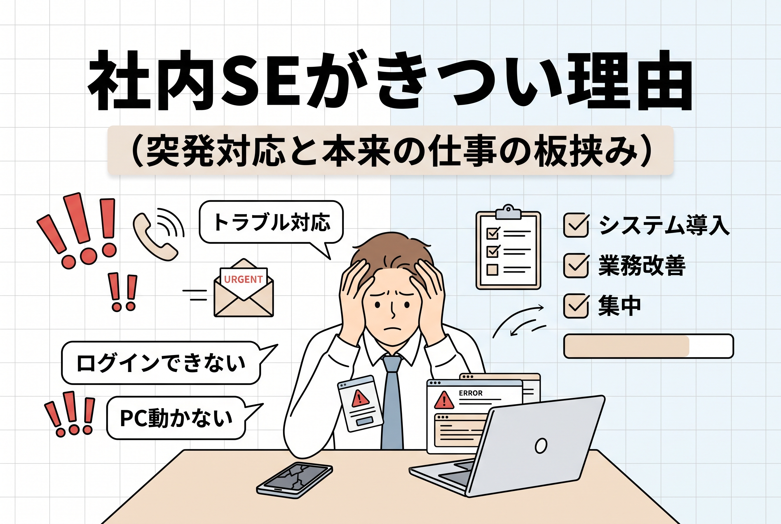 社内SEが突発的な問い合わせ対応とシステム導入・業務改善などの本来業務の間で板挟みになる様子