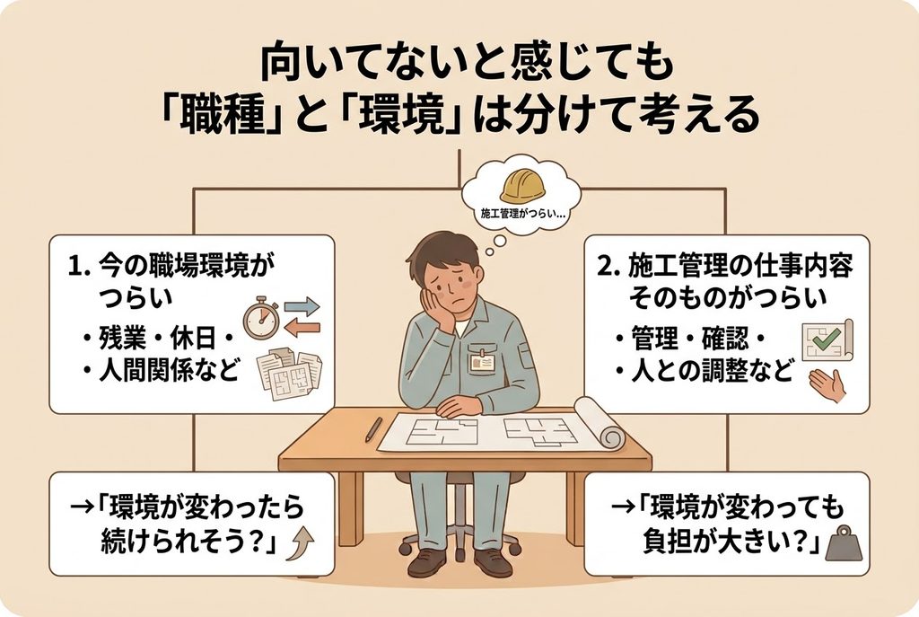 施工管理に向いてないと感じたときに職種と職場環境を分けて考える図