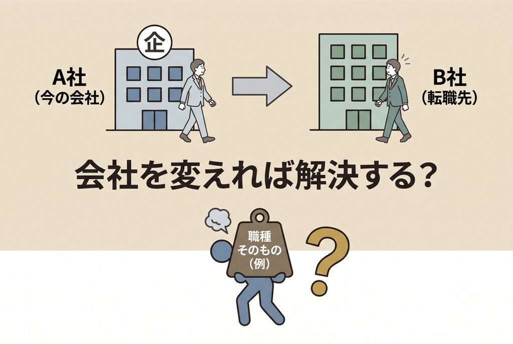 "会社が変わるイメージと悩みの根本:A社からB社へ転職する人物。しかし下部に、会社が変わっても「職種そのもの(例)」という悩みの根本は変わっていない様子を示すアイコンと疑問符。清潔感のあるシンプルなフラットイラスト。"