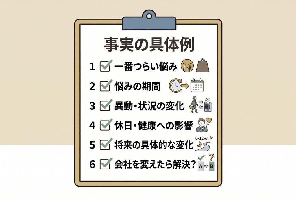 "事実の具体例チェックリスト:ノートのイラストに、記事にある具体例(悩み、期間、異動、影響、状況、会社変える)がチェックリスト形式で書かれている。清潔感のあるシンプルなフラットイラスト。"