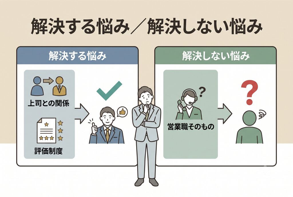"記事の具体例による対比:2つの悩みのカテゴリー。左「解決する悩み」(上司との関係、評価制度)とチェックマーク。右「解決しない悩み」(営業職そのもの)と疑問符。清潔感のあるシンプルなフラットイラスト。"