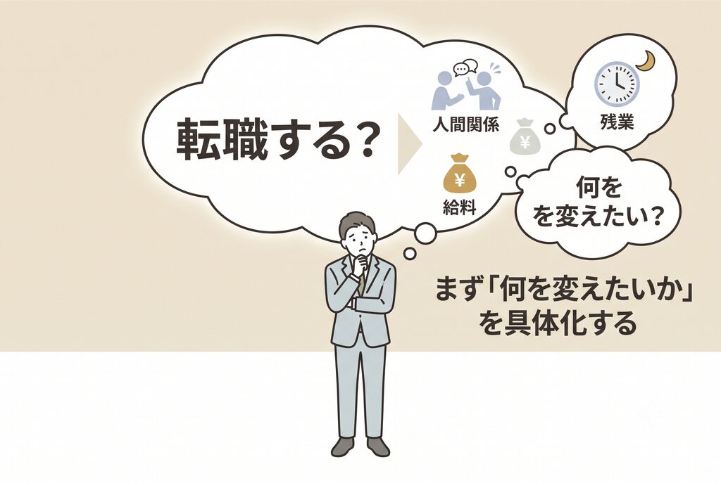 "漠然とした「転職」と具体的な原因の対比:悩む人物の頭上に、漠然とした大きな「転職する?」の吹き出しと、横の具体的な「人間関係」「残業」「給料」のアイコンと吹き出し、「何を変えたい?」という問いかけ。清潔感のあるシンプルなフラットイラスト。