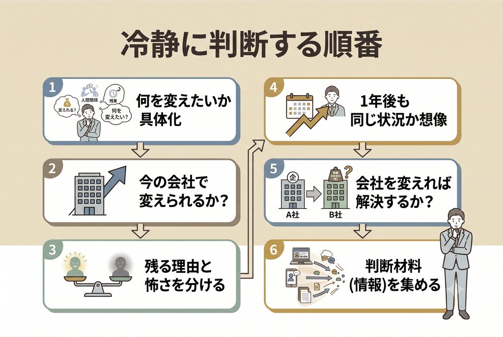"整理の順番フローチャート:上から下へ進む矢印。記事にある整理の順番が、簡潔な文字と小さなアイコンで書かれている。清潔感のあるシンプルなフラットイラスト。"