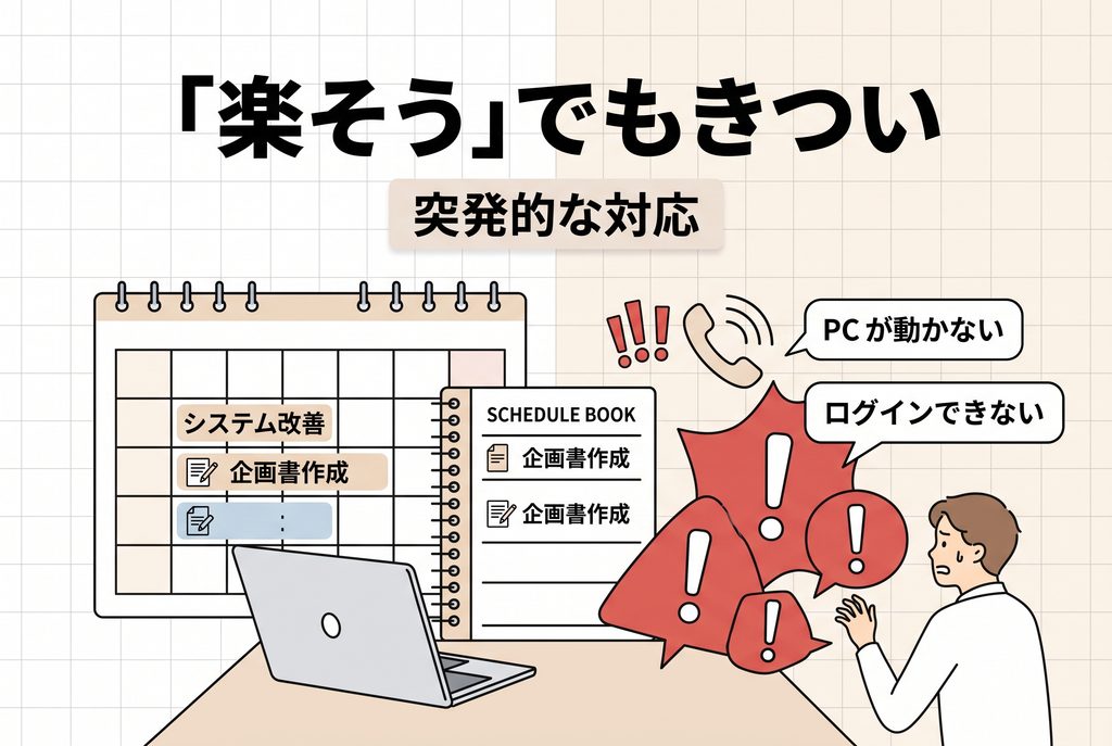 社内SEが予定していた仕事の途中で、PCトラブルやログインできないなどの突発対応に追われる様子
