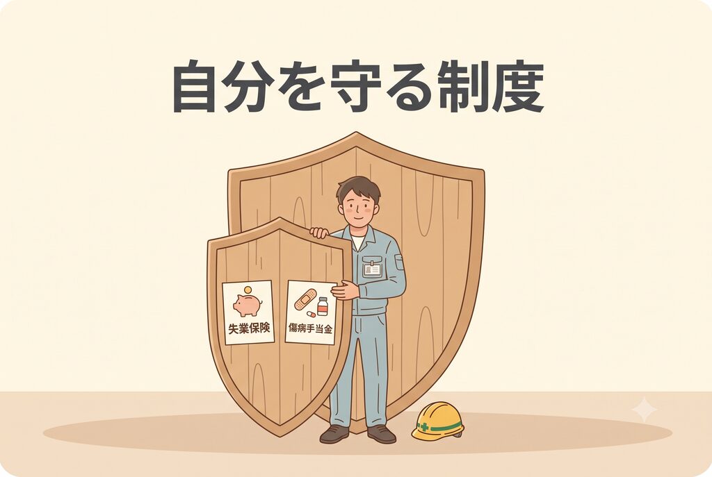 退職後に利用できる失業保険や傷病手当金などの制度を確認するイメージ