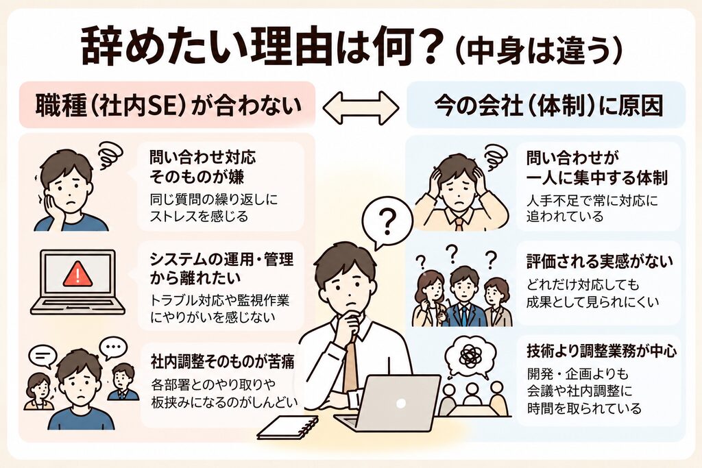 社内SEを辞めたい原因を、職種そのものが合わない場合と今の会社の体制に原因がある場合に分けた図