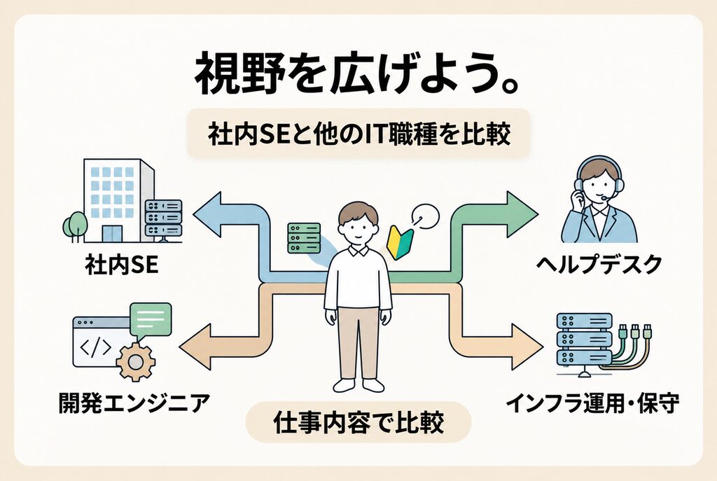 社内SE、ヘルプデスク、開発エンジニア、インフラ運用・保守を仕事内容で比較する図