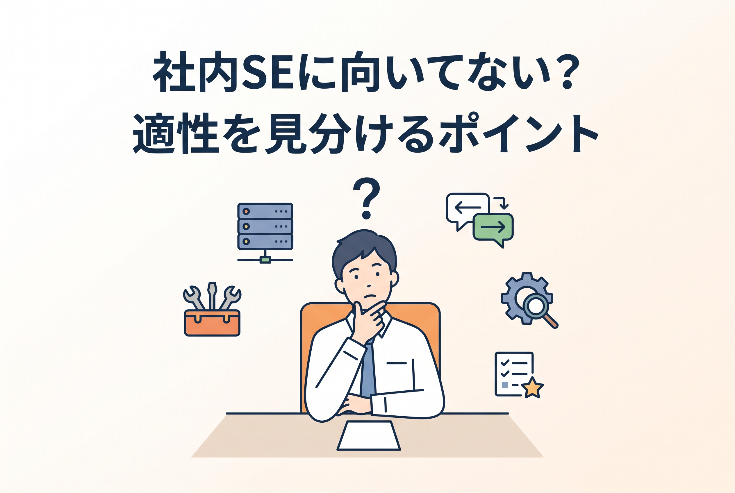 社内SEに向いてないか悩む人が、システム運用や調整業務などを見ながら適性を考えているイラスト