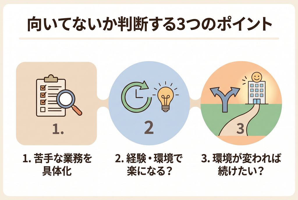 社内SEに向いてないかを、苦手な業務・経験や環境での改善・会社が変わっても続けたいかの3点で判断する図