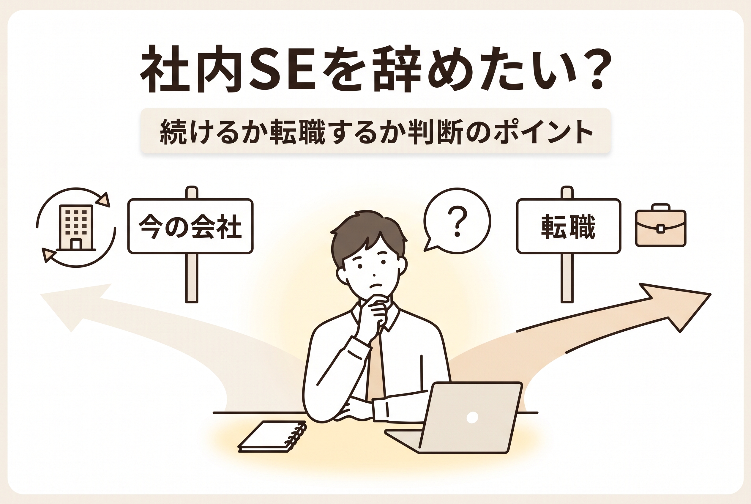 社内SEを続けるか転職するか迷い、今の会社と転職の選択肢を考えている人のイラスト