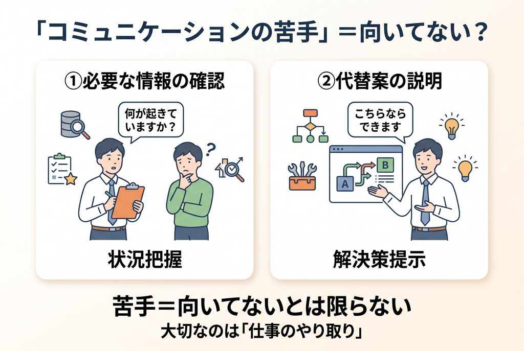 社内SEに必要なコミュニケーションを、状況確認と代替案の説明に分けて示した図
「今できない」と「向いてない」は別